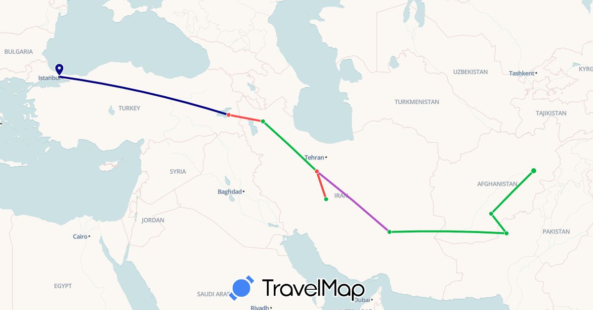 TravelMap itinerary: driving, bus, train, hiking in Afghanistan, Iran, Pakistan, Turkey (Asia)